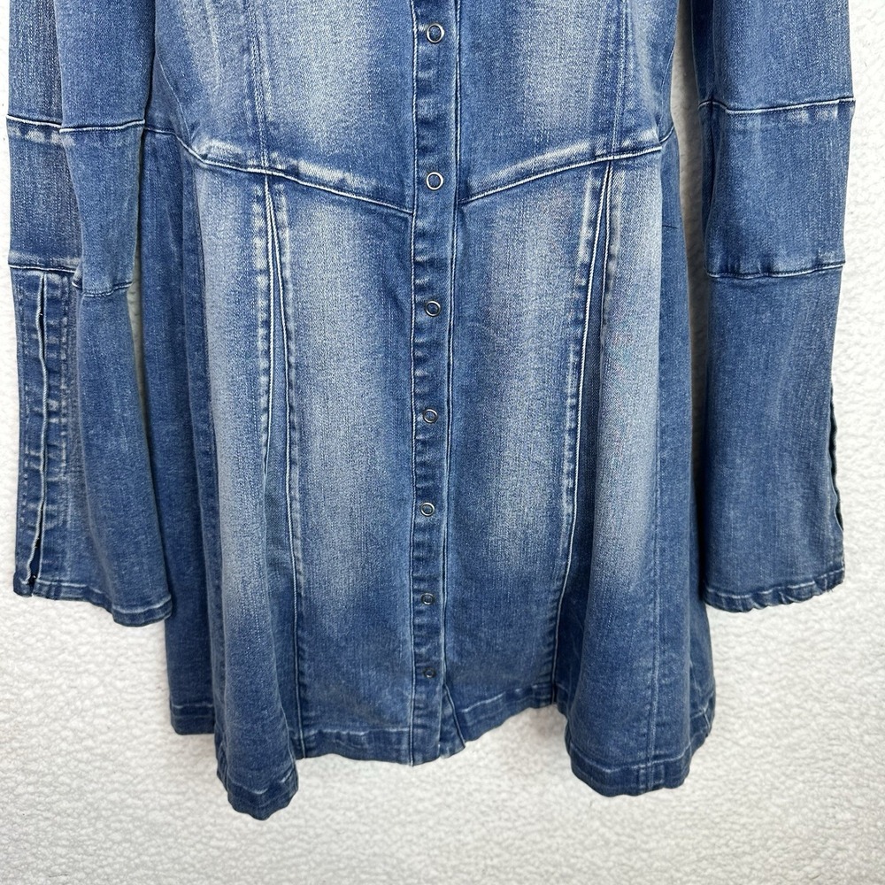Free People Thea Denim Mini Dress Womens M Blue Snap Front A-Line Long Sleeve - Picture 4 of 14